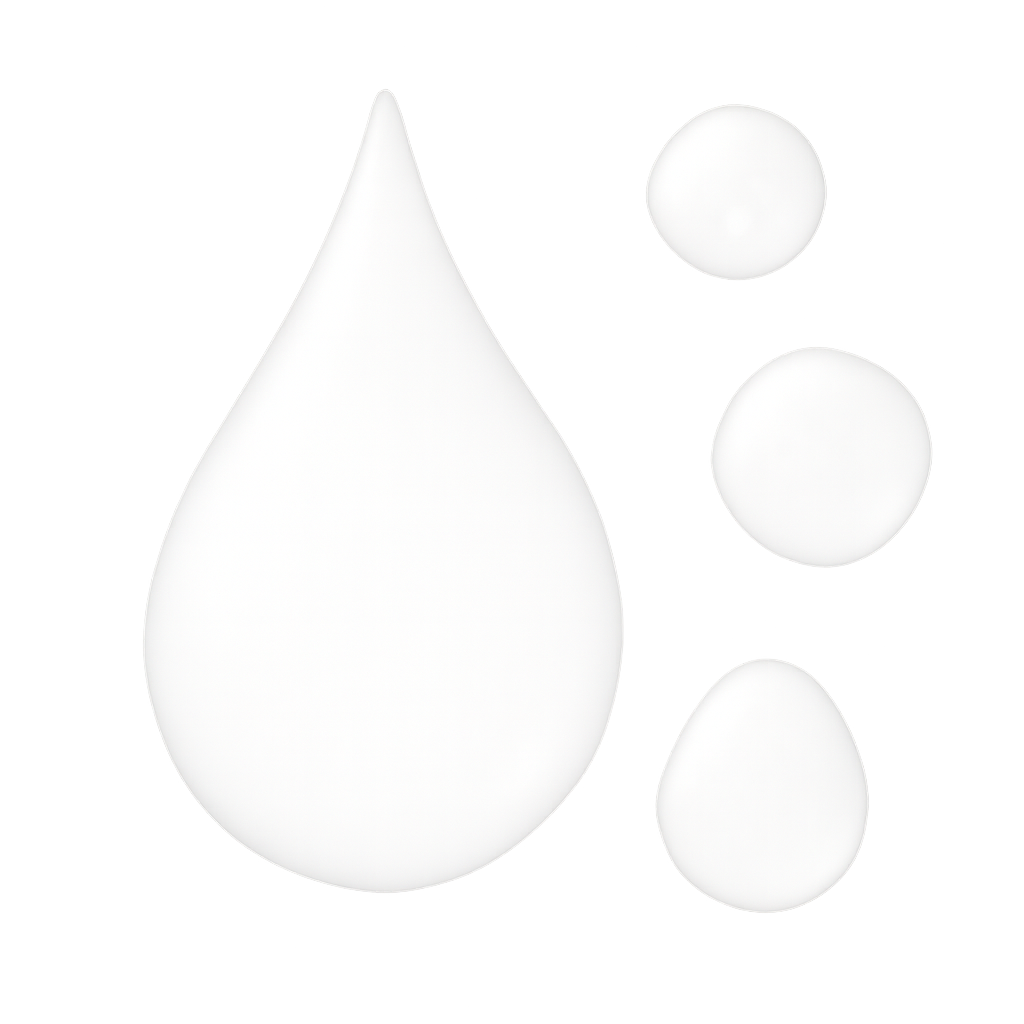 Vier witte druppels in verschillende groottes, waarvan één in de klassieke druppelvorm.