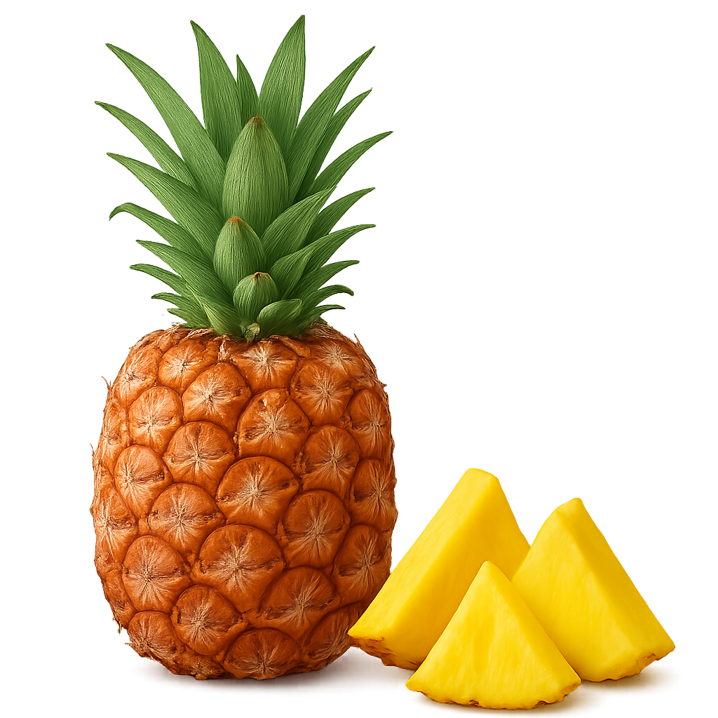 Hele ananas met groene bovenkant, ernaast drie verse, wigvormige ananasstukken.