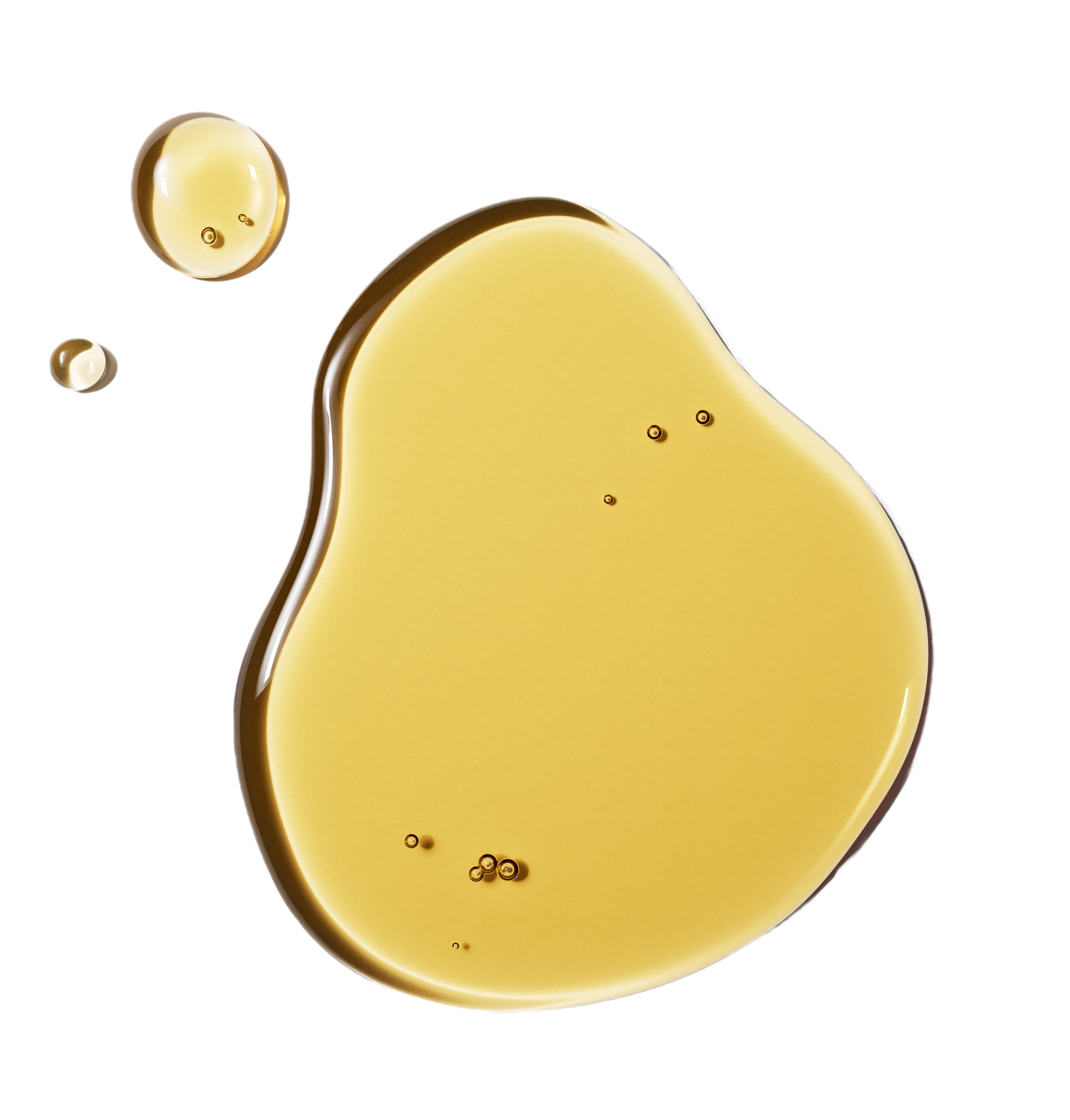 Drie druppels van verschillende grootte van een honinggeel, transparant serum met fijne luchtbelletjes.