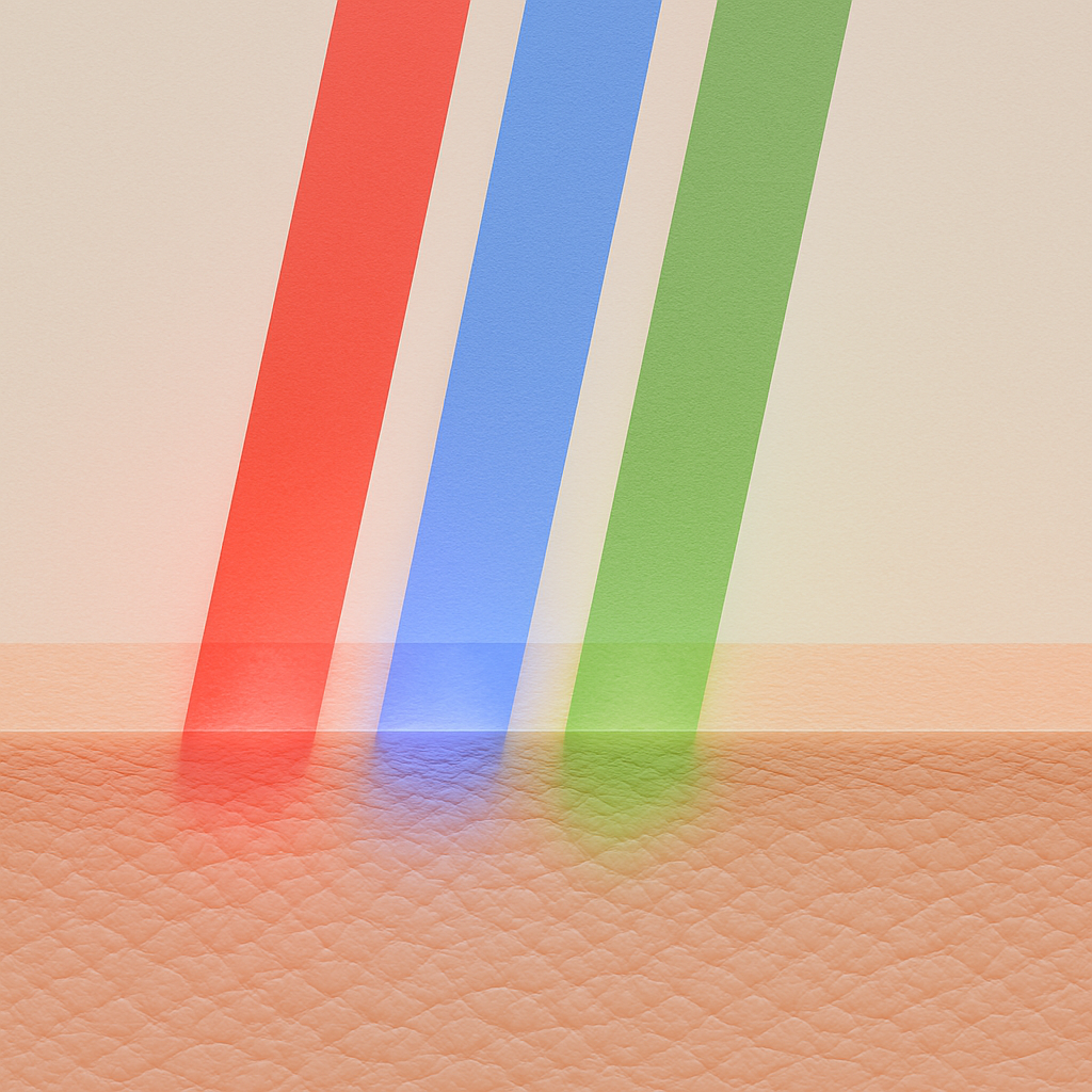 Drie gekleurde lichtstralen (rood, blauw, groen) vallen op een gestructureerd oppervlak.