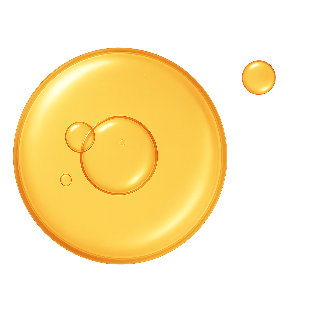 Twee druppels van een oranje glinsterend serum in verschillende groottes, waarbij de grootste druppel fijne luchtbelletjes bevat.