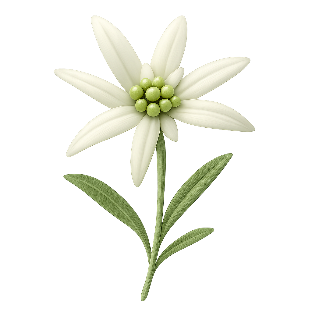 Witte bloem met puntige bloemblaadjes en lichtgroene, smalle bladeren.