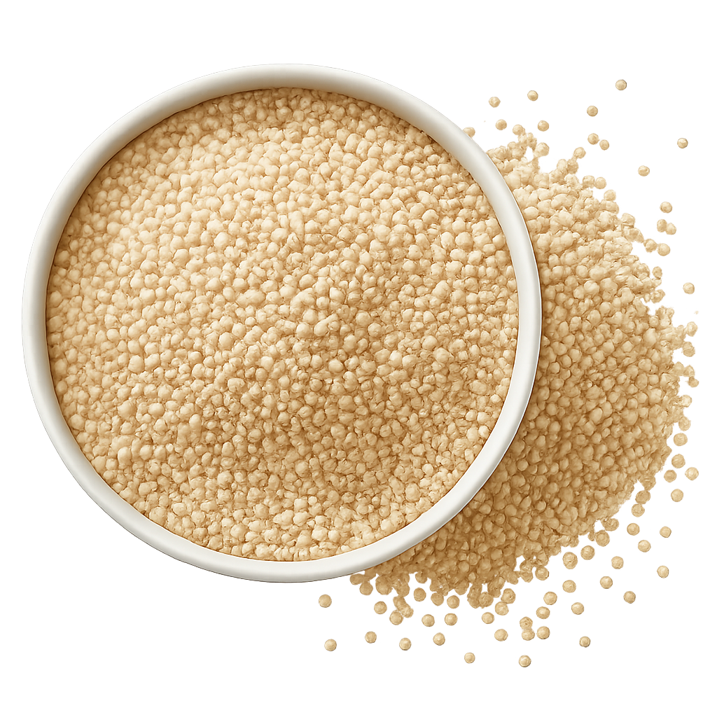 Witte kom gevuld met ronde, lichtbeige ballen.