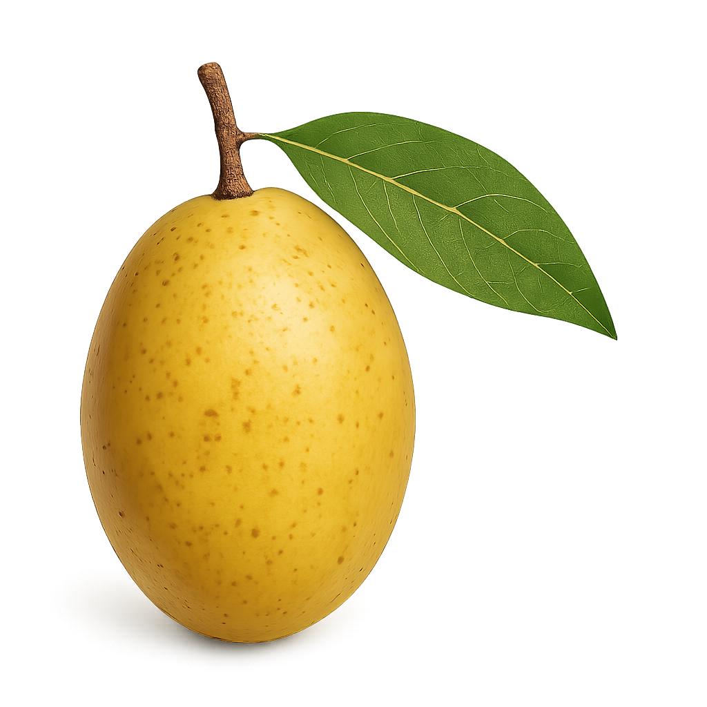 Gele passievrucht met een gladde schil en groene bladeren.
