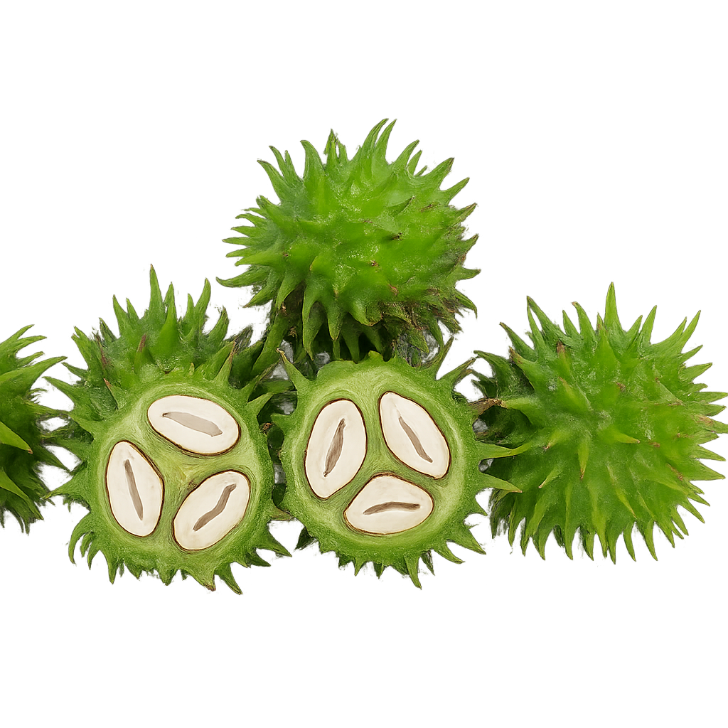 Groene, stekelige vruchten, waarvan er één doormidden is gesneden en drie witte zaden bevat.