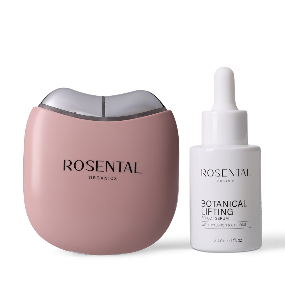 EMS Face Yoga Duo met Botanical Serum van Rosental Organics voor versteviging en huidverzorging.