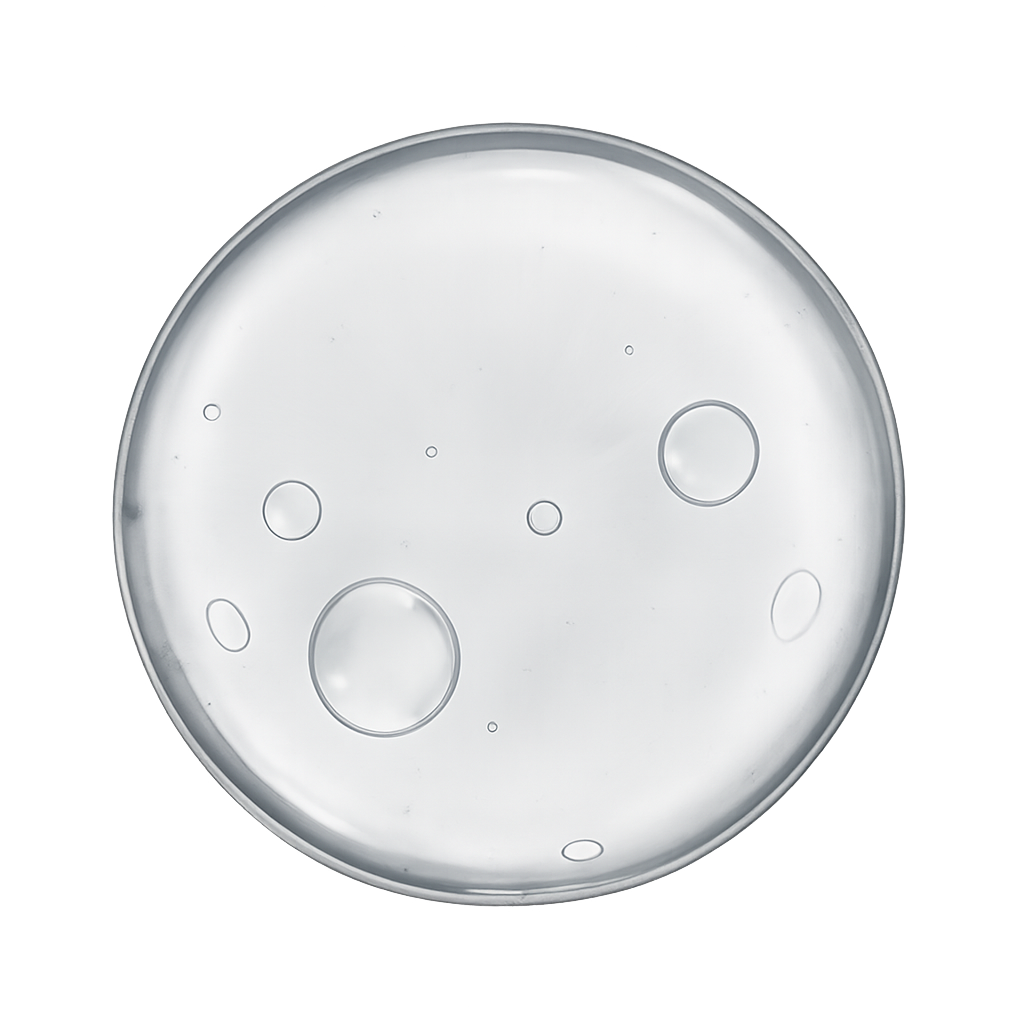 Een ronde vlek van transparant serum met fijne ingesloten luchtbelletjes.