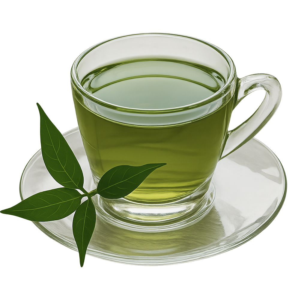 Een glas groene thee op een schoteltje, ernaast drie verse groene theeblaadjes.