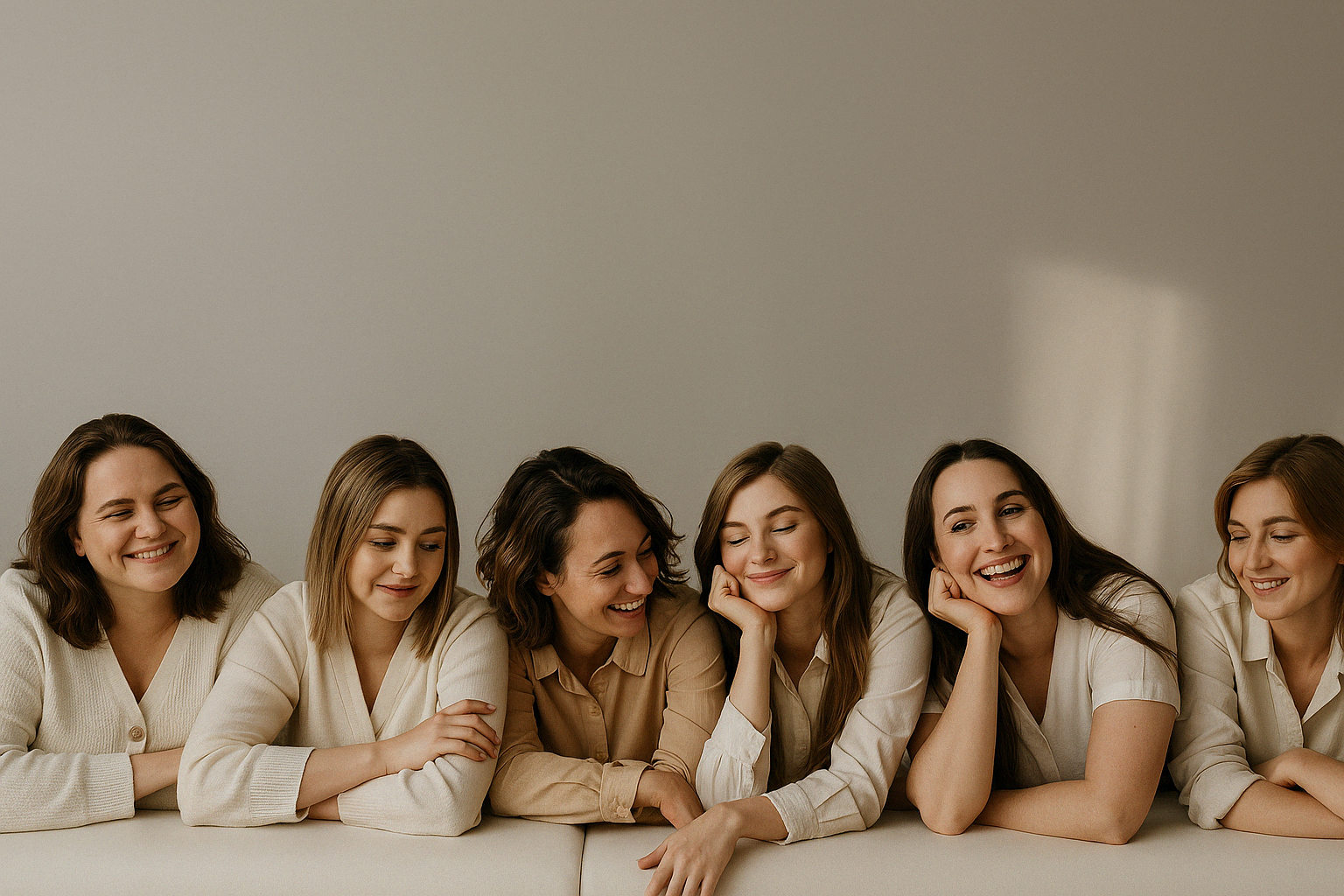 Een groep van zes vrouwen in beige kleding, achteroverleunend op een beige bank en vrolijk lachend naar de camera.