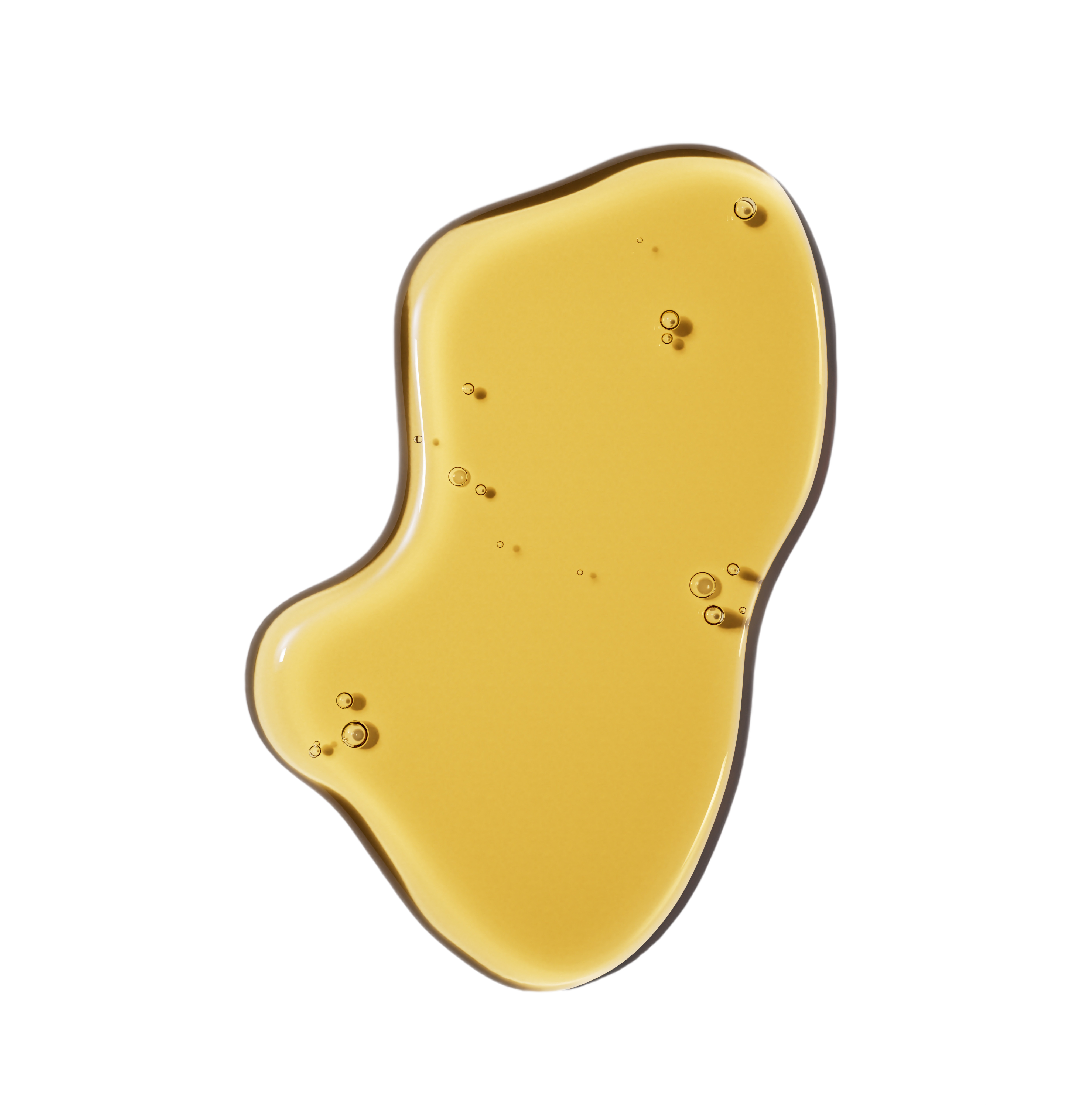 Honingkleurige, glinsterende serumdruppel met fijne luchtbelletjes.