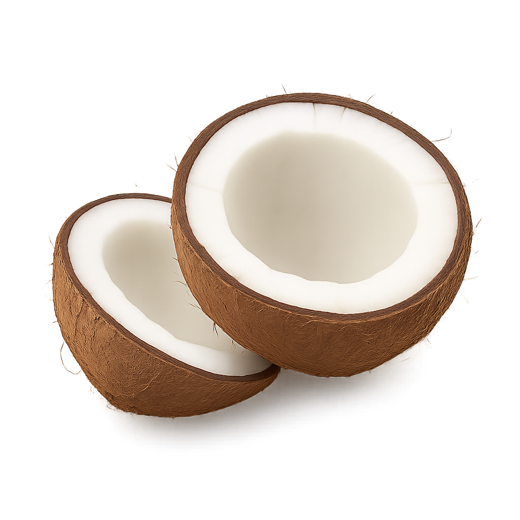 Twee helften van een doorgesneden kokosnoot met zichtbaar wit vruchtvlees.