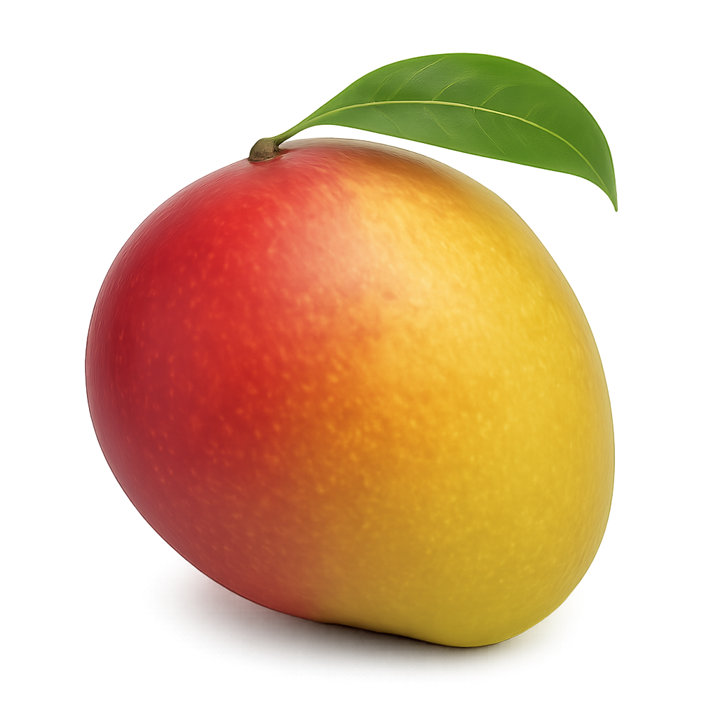 Rijpe mango met geelrode schil en groene bladeren.