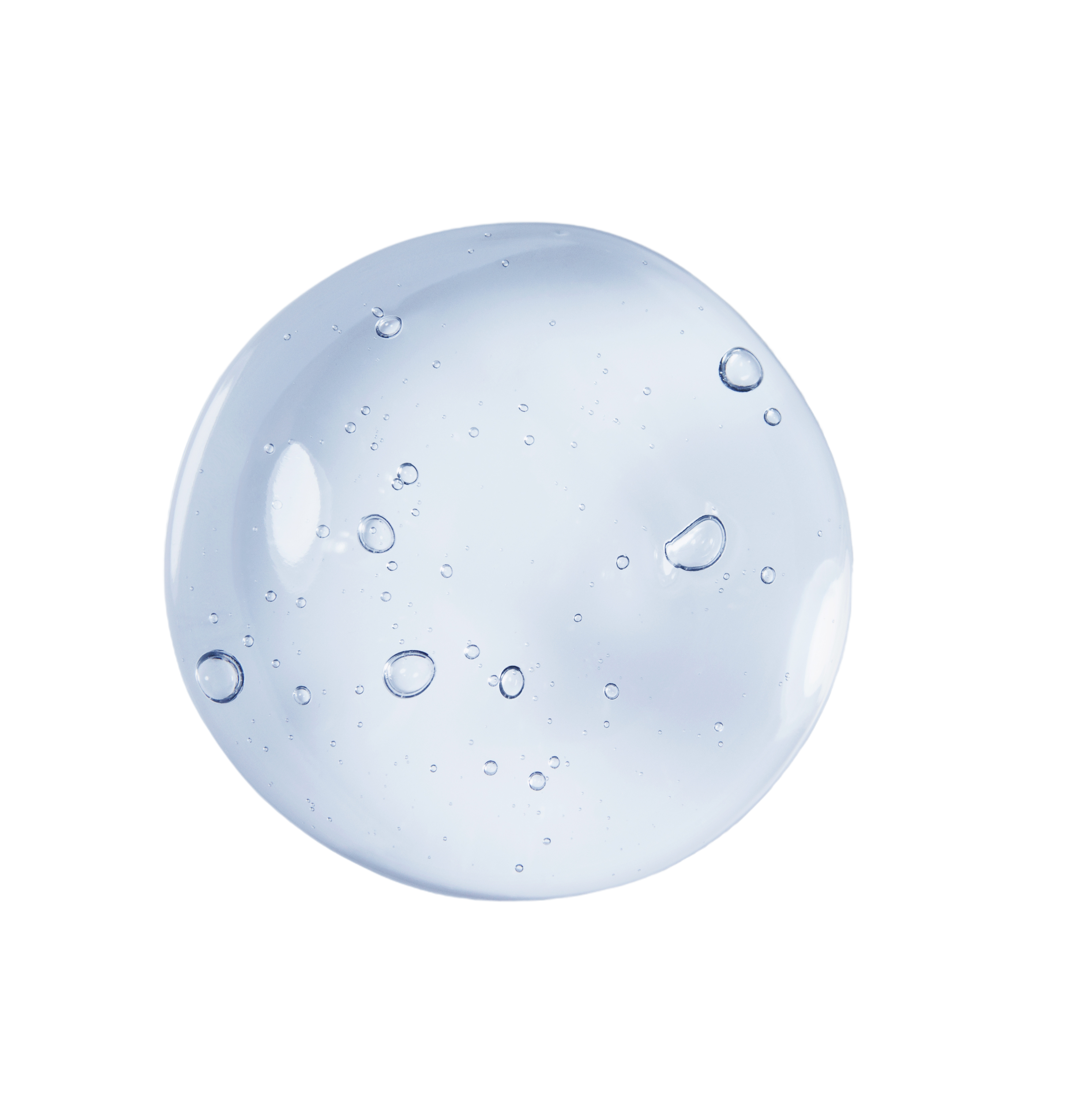 Close-up van een helder, kleurloos serum met ingesloten luchtbellen.