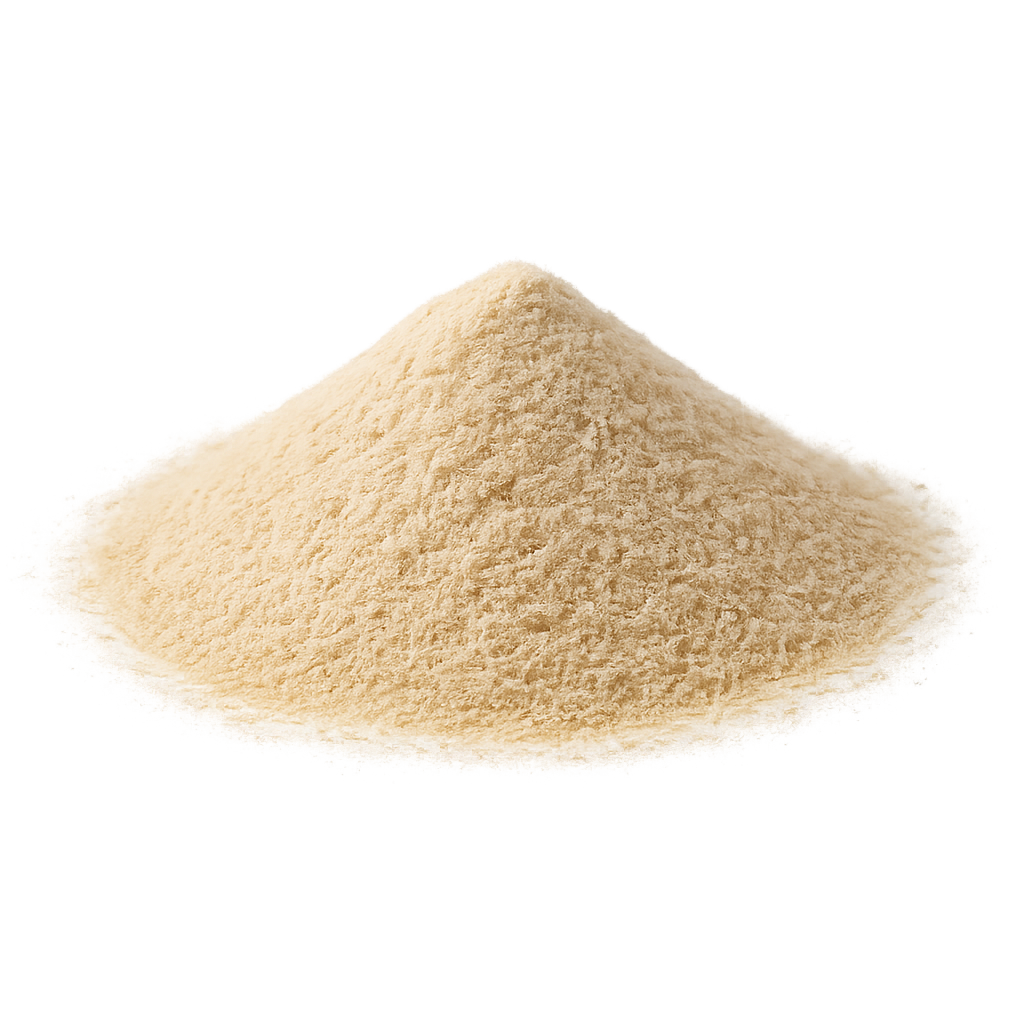 Beige, fijn gemalen poeder in een klein kegelvormig hoopje.