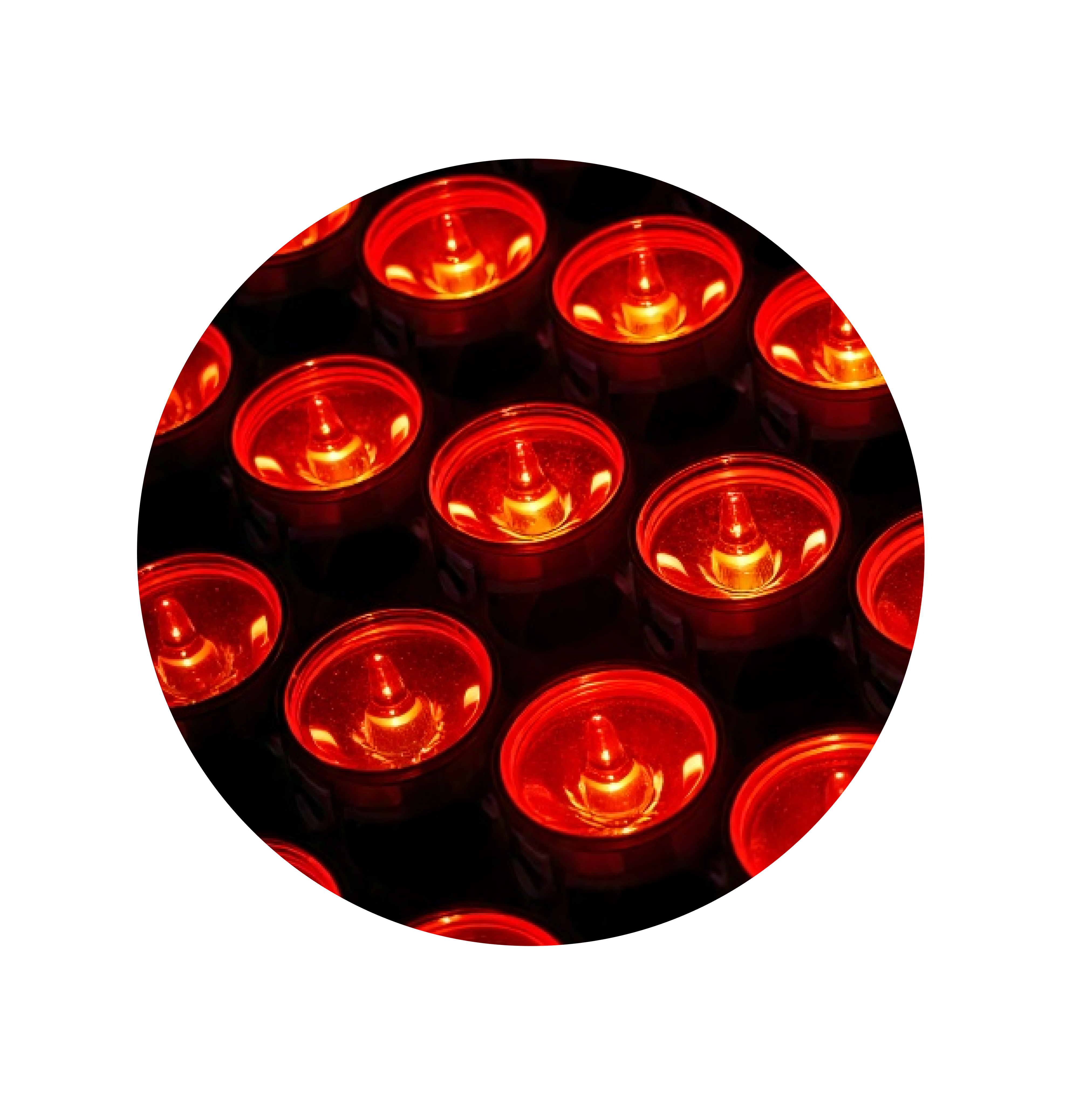 Meerdere kleine rode lampen in een symmetrische opstelling.