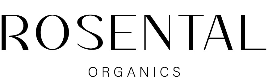Het logo is zwart en toont "ROSENTAL ORGANICS" in eenvoudige, elegante letters op een witte achtergrond.