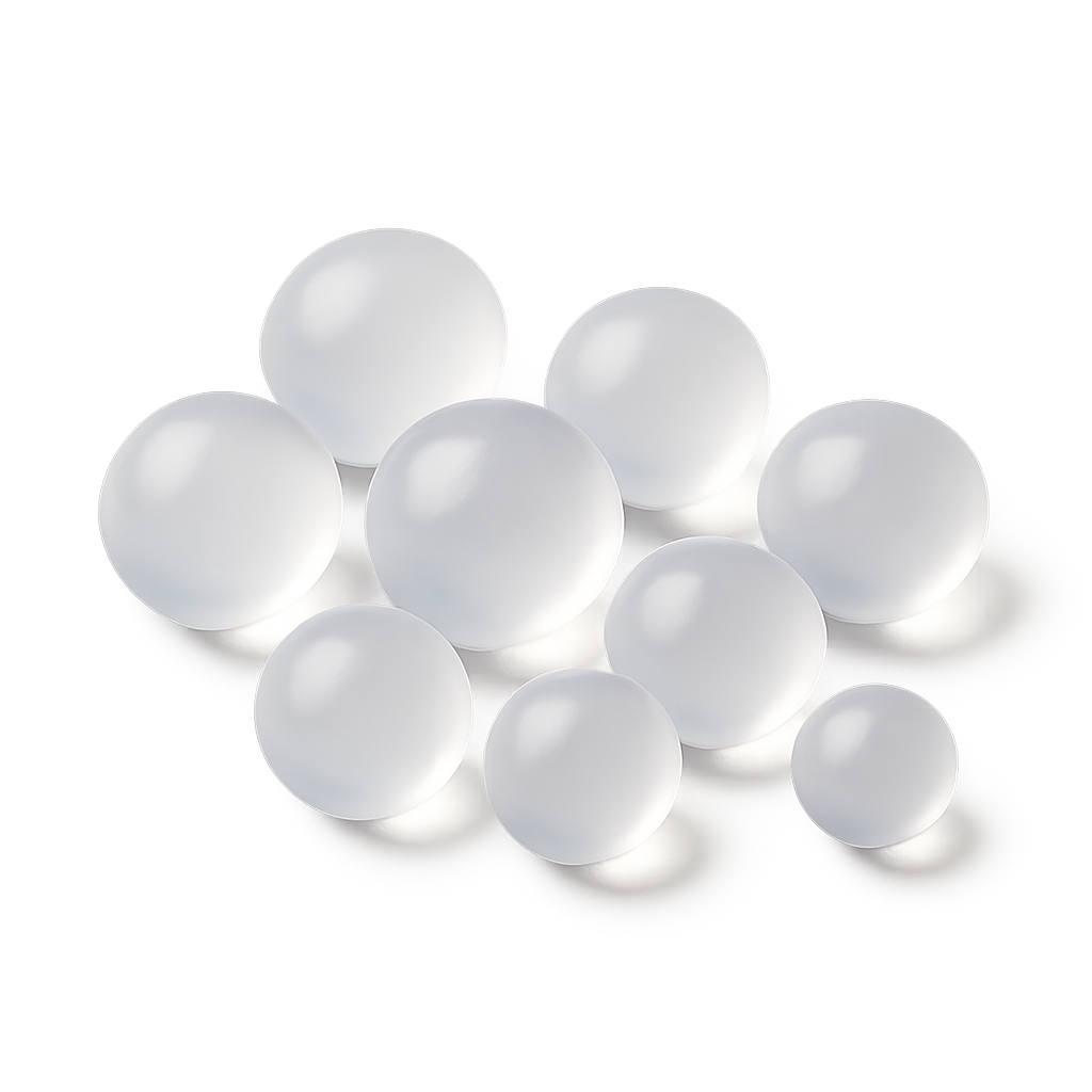Kleurloze siliconenballen met een melkachtig mat oppervlak.