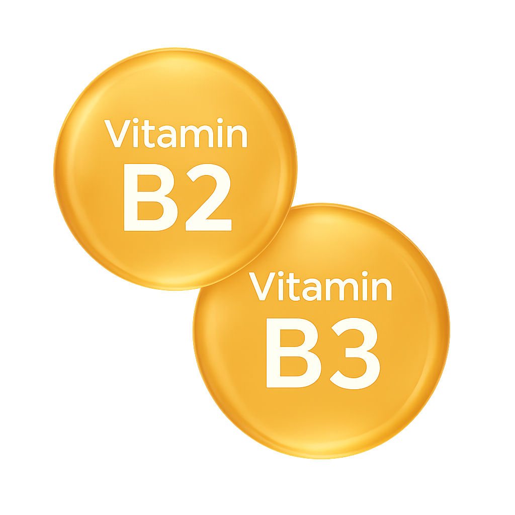 Vitaminesymbolen voor B2 en B3 zijn gele, glimmende cirkels met witte letters.