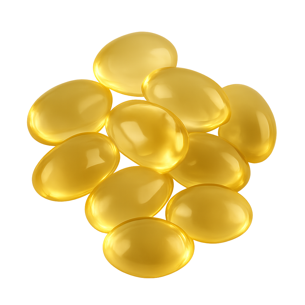 Meerdere goudgele, ovale vitamine F-capsules met een glad, glanzend oppervlak.