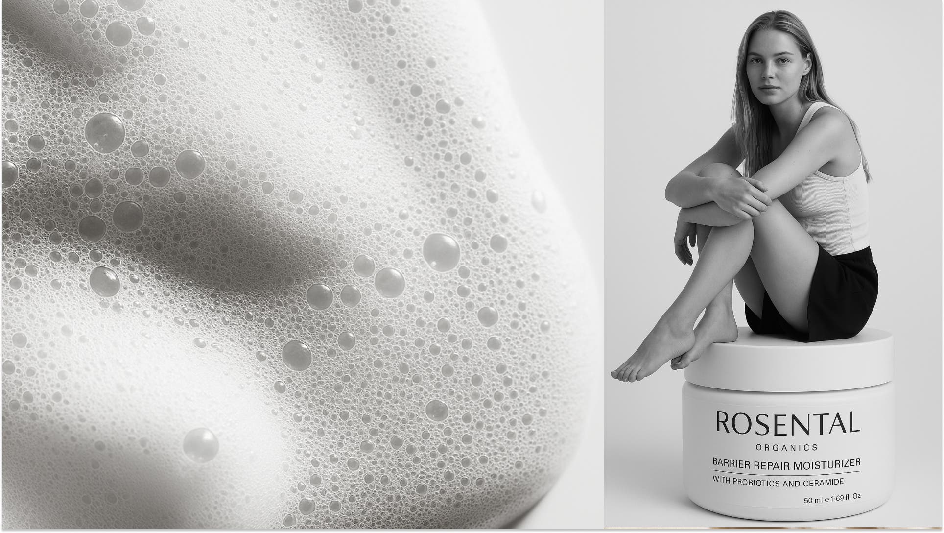 Close-up van schuimbellen aan de linkerkant, vrouw zittend op een grote roomkan aan de rechterkant, minimalistische achtergrond.