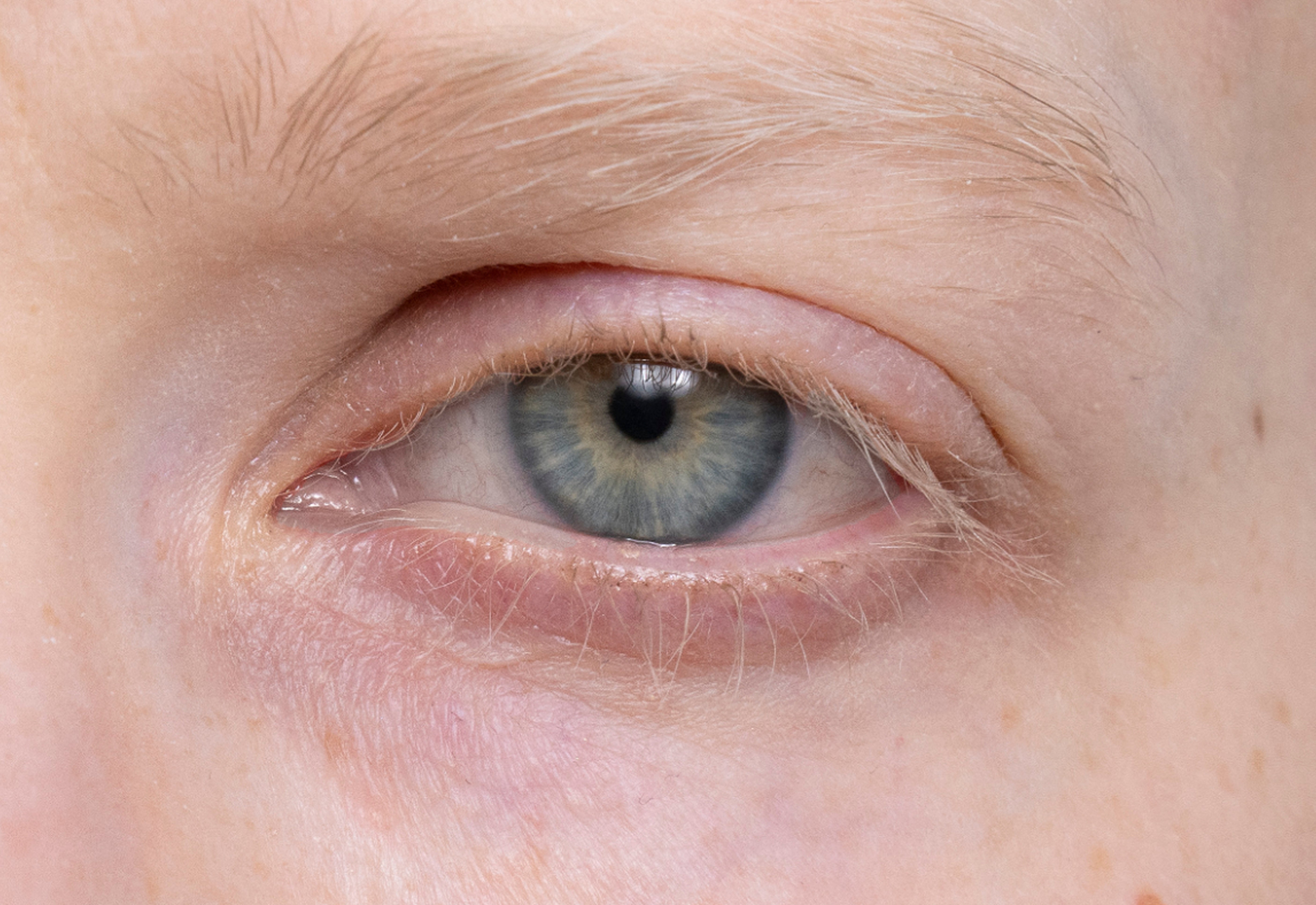 Close-up van een blauw oog met fijne, lichte wimpers en zichtbare rimpels.